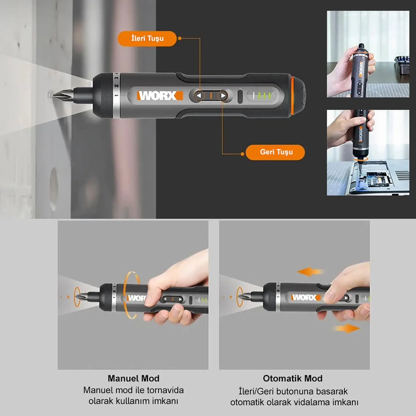WORX WX242 LED aydınlatma ve kullanım