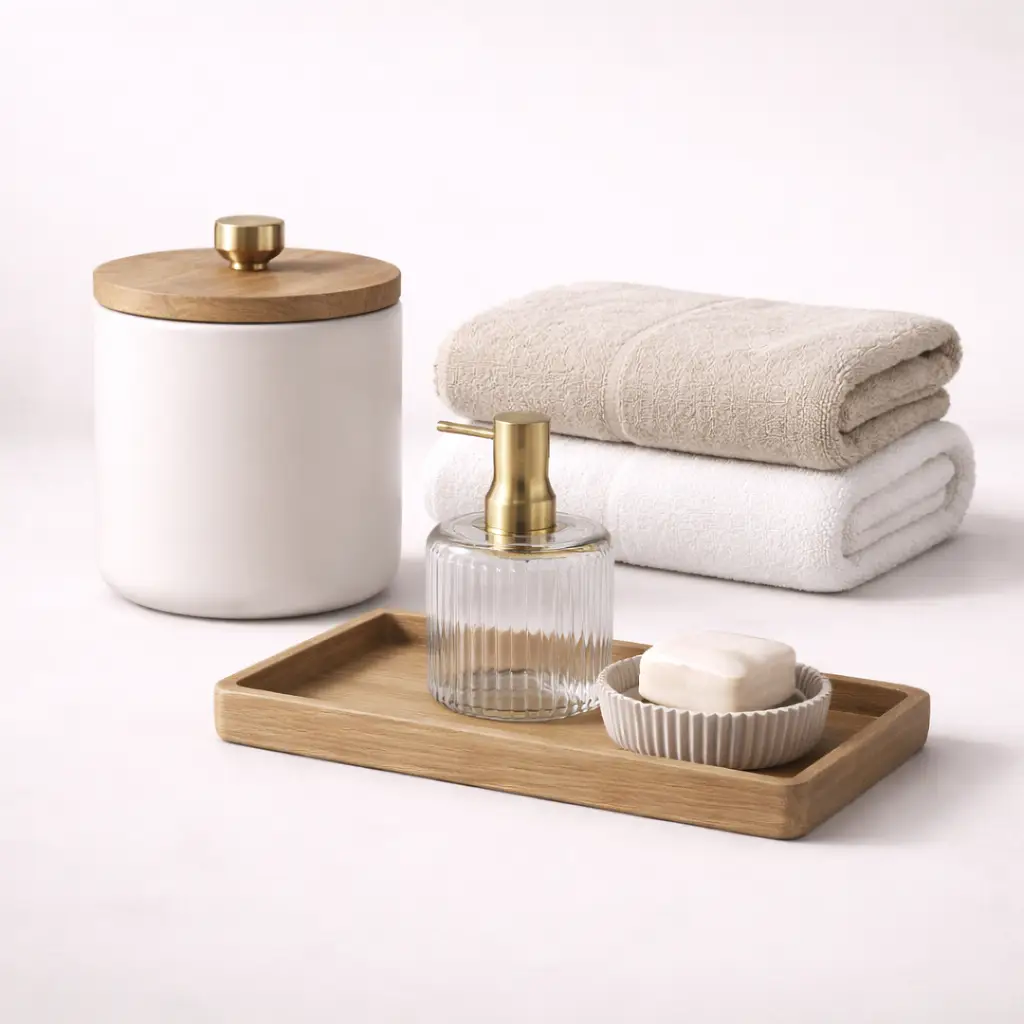 Beyaz ve bej tonlarında banyo aksesuarları ile düzen sağlanmış modern tasarım