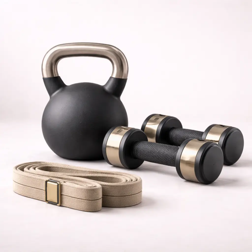 Kettlebell, çift dambıl ve esneme kemeri beyaz zeminde şık tasarımda