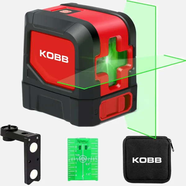 KOBB markalı yeşil lazer çizgileri yayan kırmızı ve siyah lazer seviyesi
