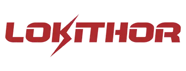 Kırmızı renkte Lokithor logosu bulunan metal yüzey